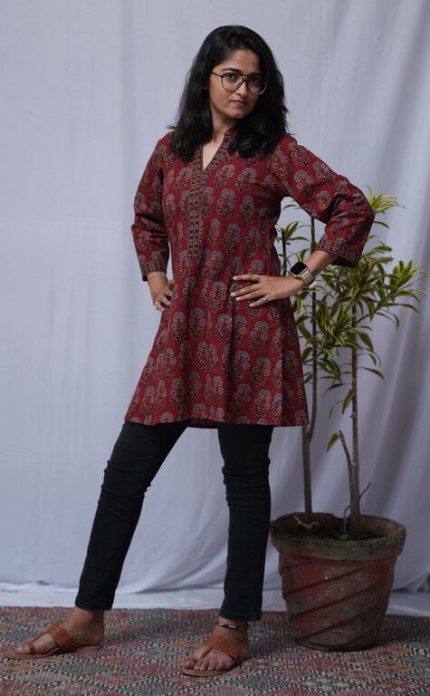 Diti Ajrakh Red A-line Short Top Kurti