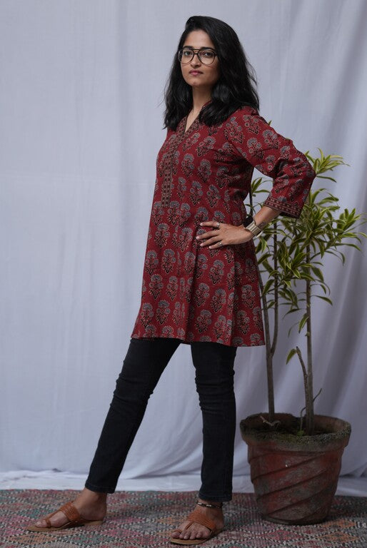 Diti Ajrakh Red A-line Short Top Kurti