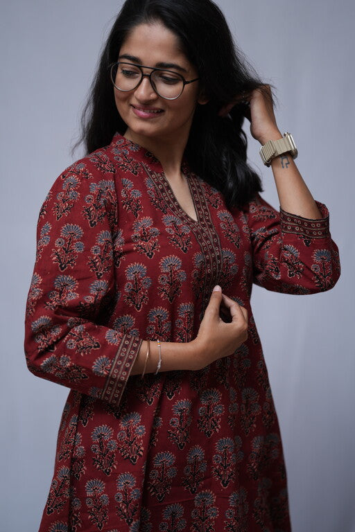 Diti Ajrakh Red A-line Short Top Kurti