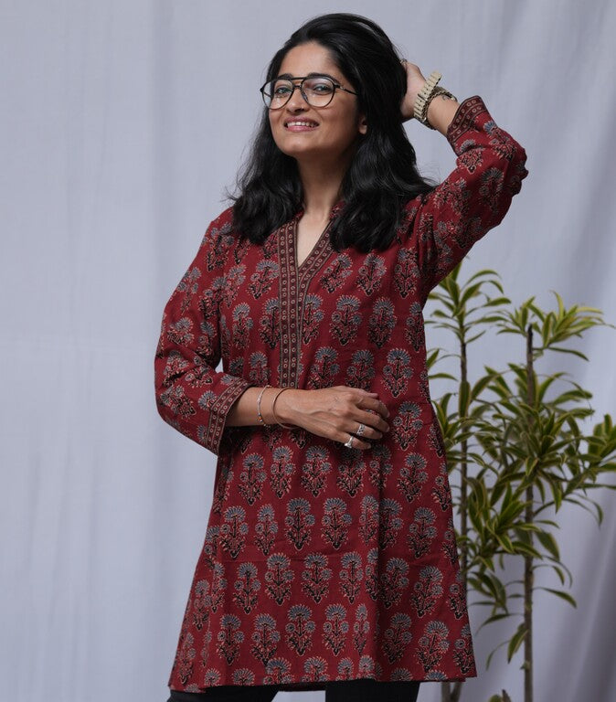 Diti Ajrakh Red A-line Short Top Kurti