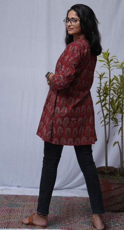 Diti Ajrakh Red A-line Short Top Kurti