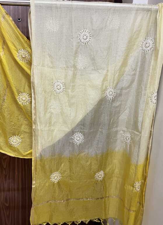 Lucknowi Chikankari Cream and Yellow Kota Silk Flower Motif Dupatta