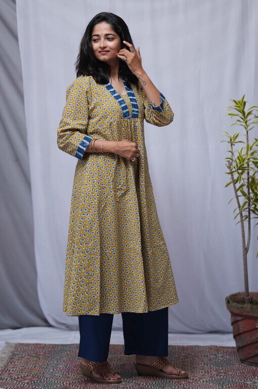 Jiya Bagru Cotton Yellow Aline Kurta