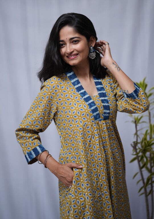 Jiya Bagru Cotton Yellow Aline Kurta