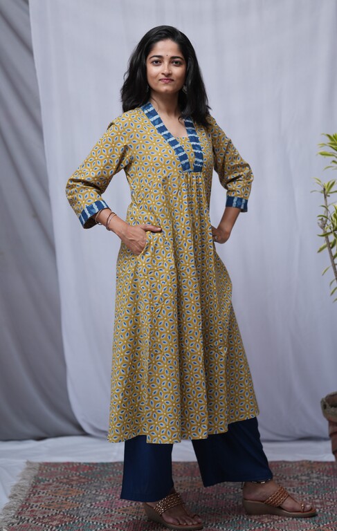 Jiya Bagru Cotton Yellow Aline Kurta