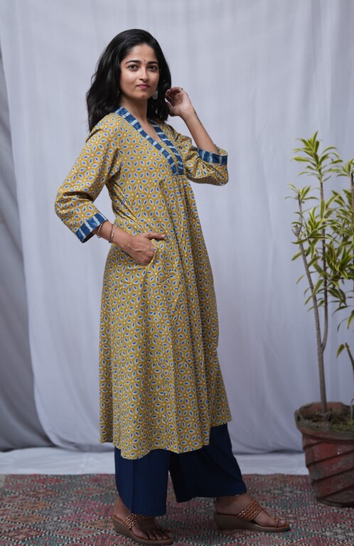 Jiya Bagru Cotton Yellow Aline Kurta