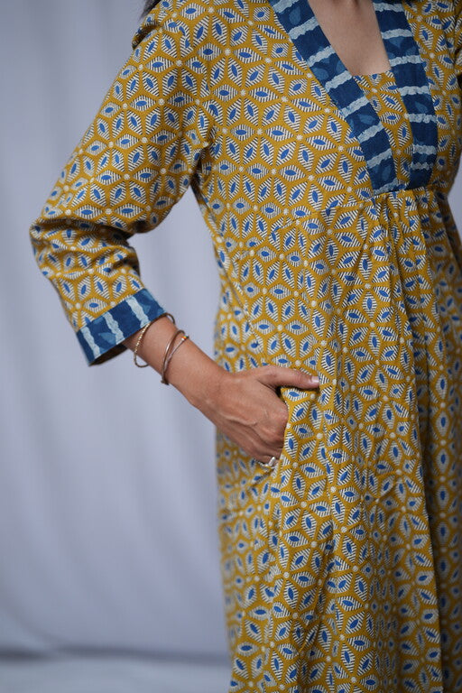 Jiya Bagru Cotton Yellow Aline Kurta