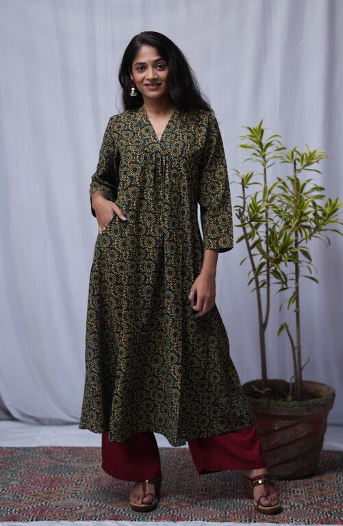 Shreya Ajrakh Cotton Green Aline Kurta