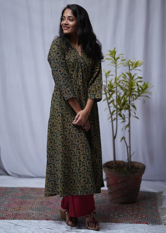 Shreya Ajrakh Cotton Green Aline Kurta