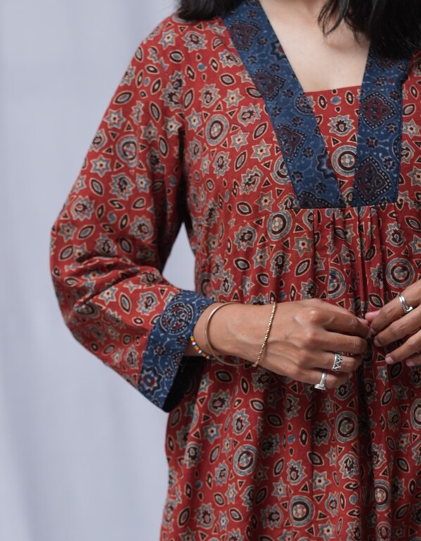 Devki Ajrakh Cotton Maroon Aline Kurta