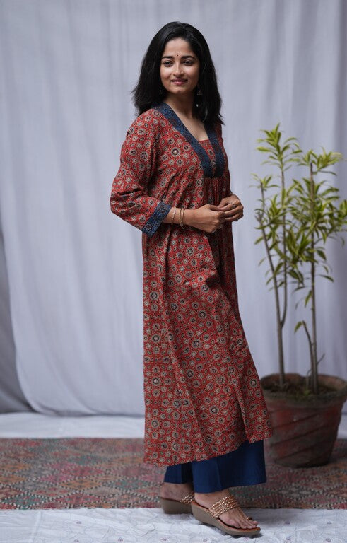 Devki Ajrakh Cotton Maroon Aline Kurta