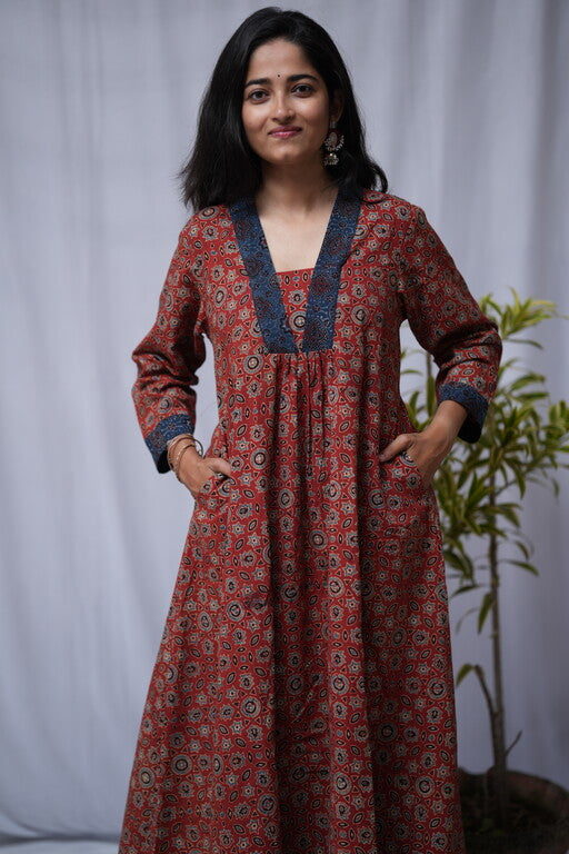 Devki Ajrakh Cotton Maroon Aline Kurta