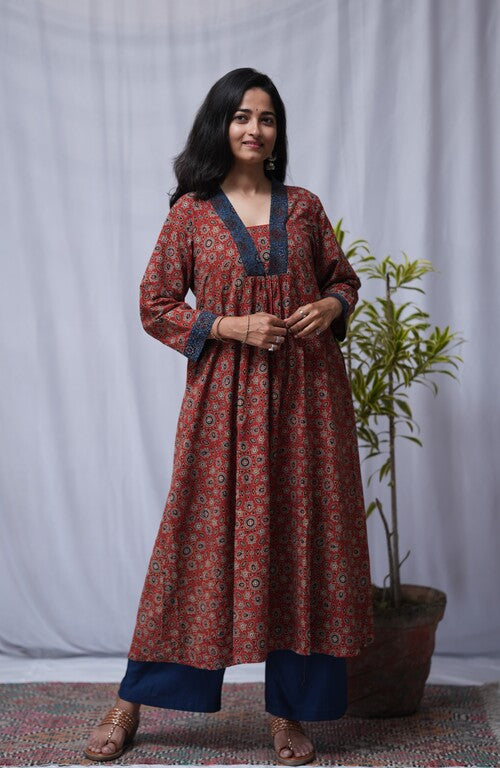 Devki Ajrakh Cotton Maroon Aline Kurta