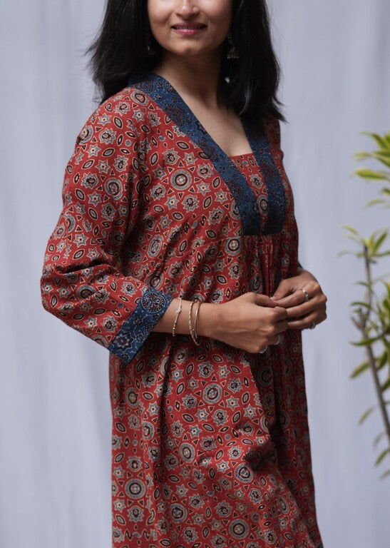 Devki Ajrakh Cotton Maroon Aline Kurta