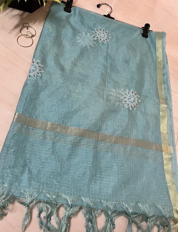 Lucknowi Chikankari Blue Kota Silk Dupatta