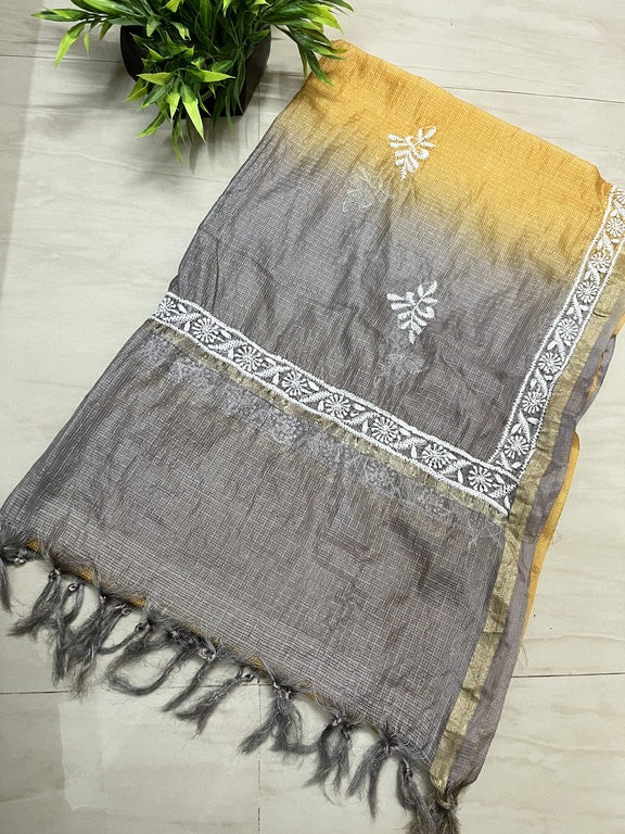 Lucknowi Chikankari Ombre Yellow and Grey Kota Silk Dupatta