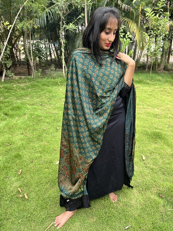 Ajrakh Green Modal Silk Lagdi Patta Dupatta