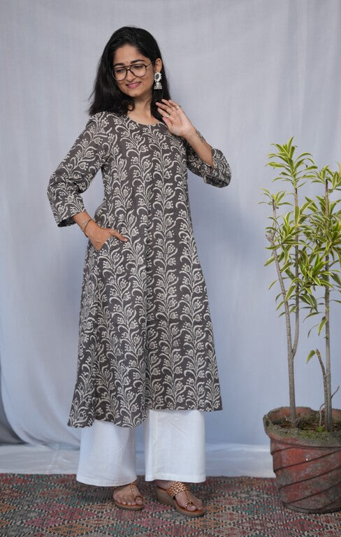 Maya Bagru Cotton Grey Aline Kurta