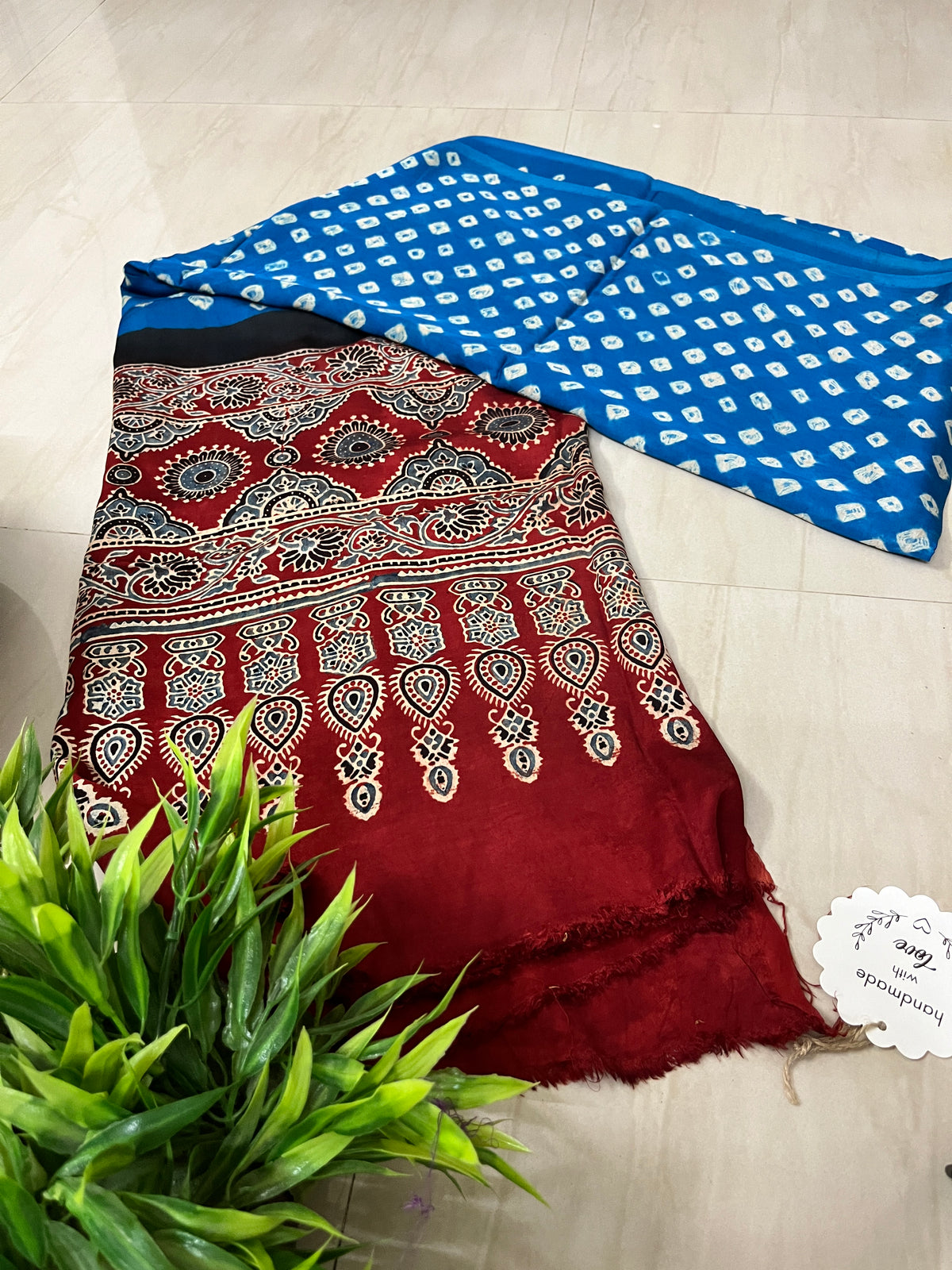 Bandhani Ajrakh Blue and Red Modal Silk Dupatta