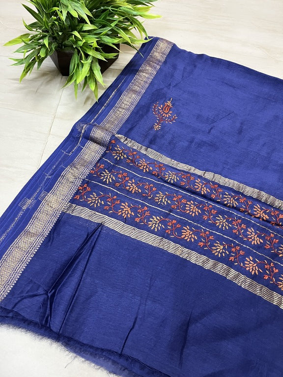 Kashmir Sozni Embroidery Blue Maheshwari Silk Dupatta