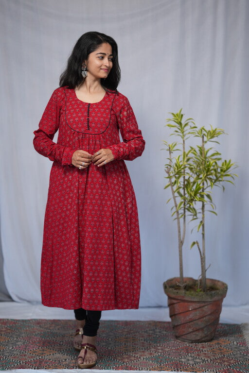 Navya Cotton Red Chudi Sleeves Aline Kurta