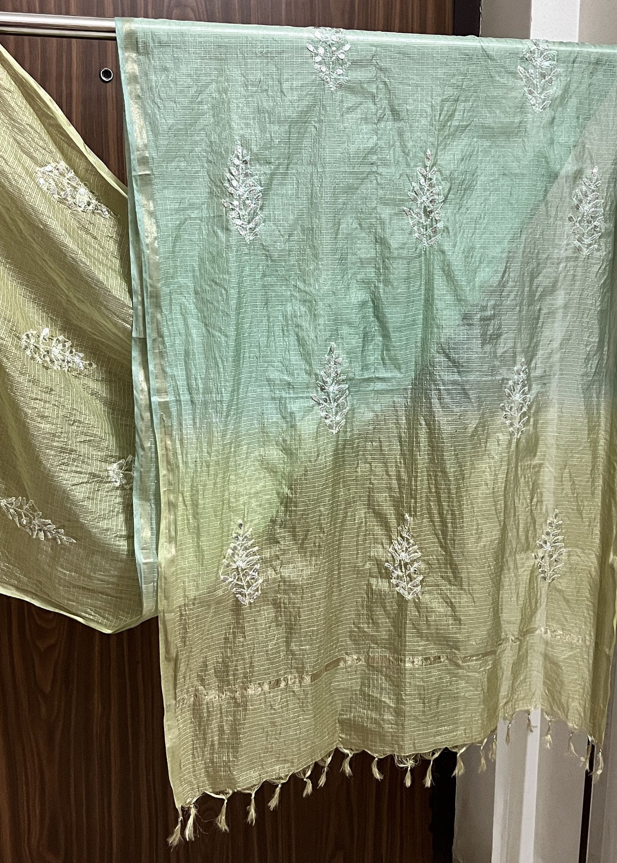 Lucknowi Chikankari Ombre Green and Blue Kota Silk Dupatta