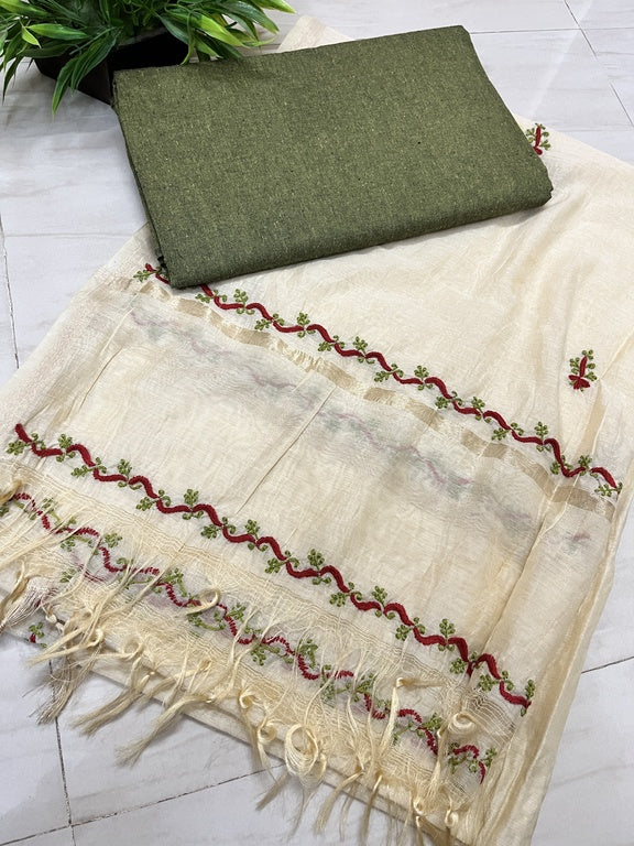 Lucknowi Chikankari Cream Chanderi Silk Dupatta