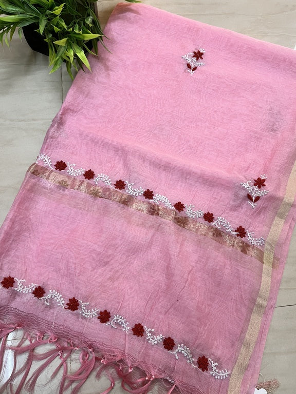 Lucknowi Chikankari Pink Chanderi Silk Dupatta