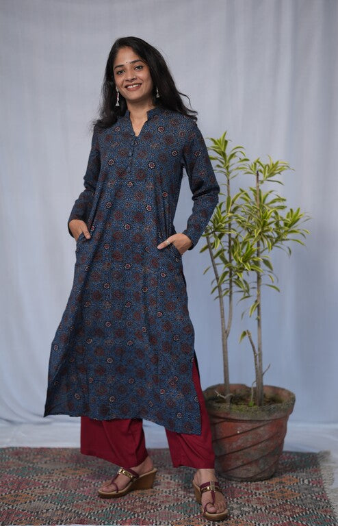 Aisha Ajrakh Cotton Blue Straight Kurta