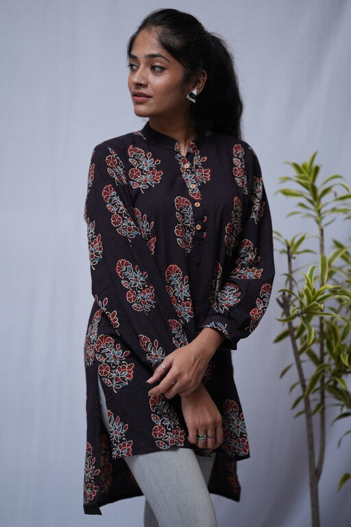 Nirrti Ajrakh Black Cotton Short Top Kurti