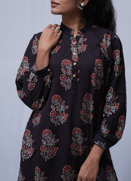 Nirrti Ajrakh Black Cotton Short Top Kurti