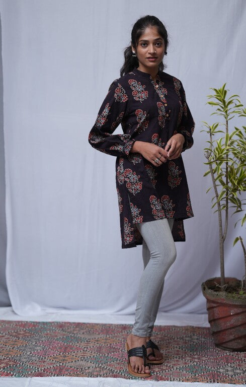 Nirrti Ajrakh Black Cotton Short Top Kurti