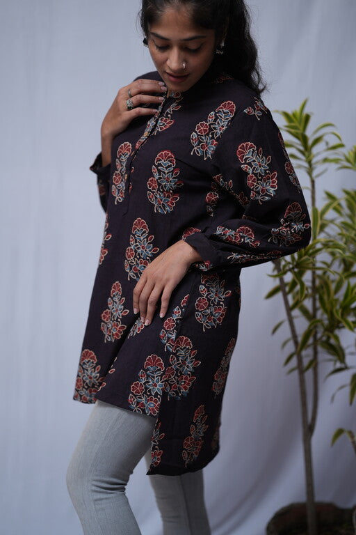 Nirrti Ajrakh Black Cotton Short Top Kurti