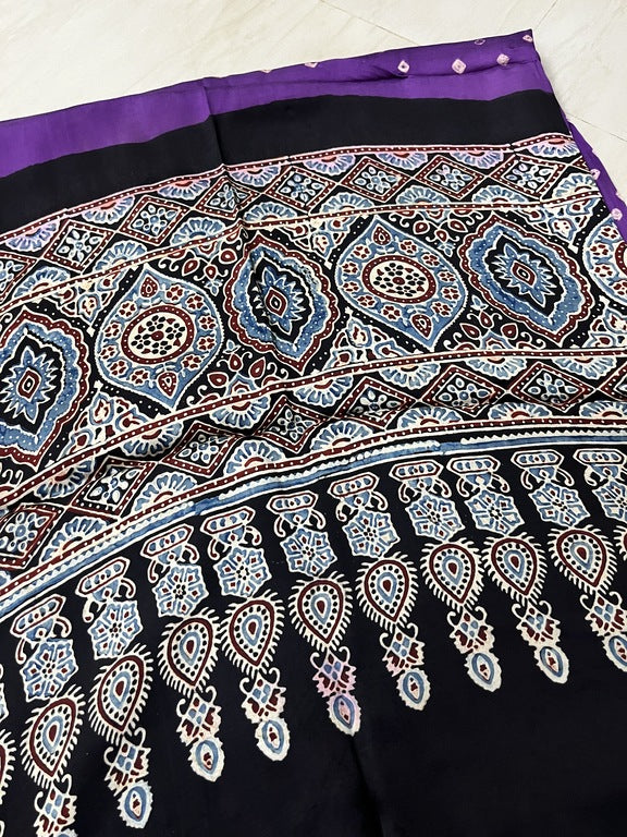 bandhani ajrakh purple and black modal silk dupatta