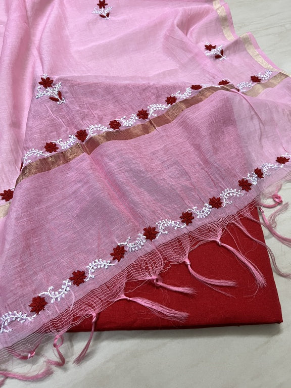 Lucknowi Chikankari Pink Chanderi Silk Dupatta