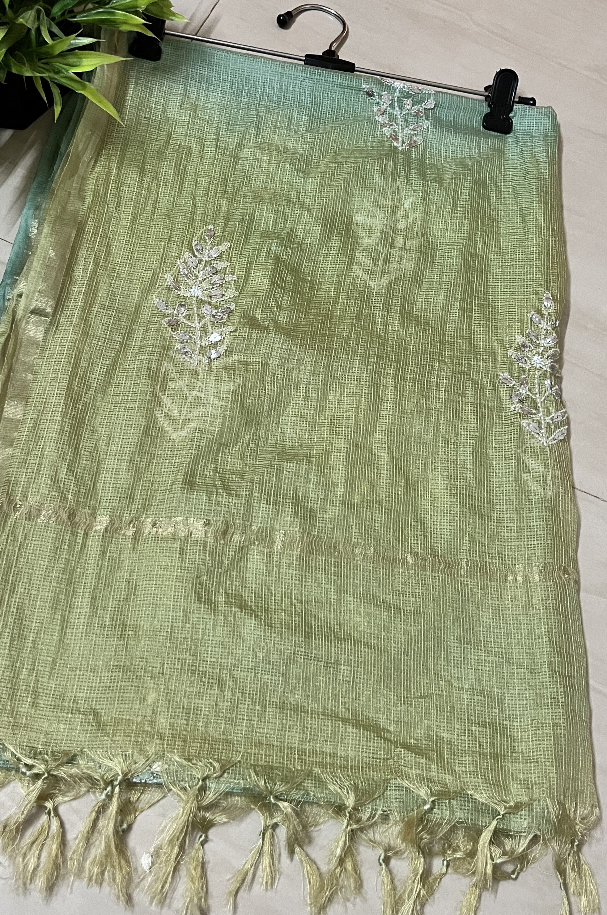 Lucknowi Chikankari Ombre Green and Blue Kota Silk Dupatta