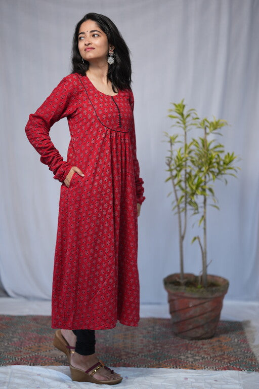 Navya Cotton Red Chudi Sleeves Aline Kurta