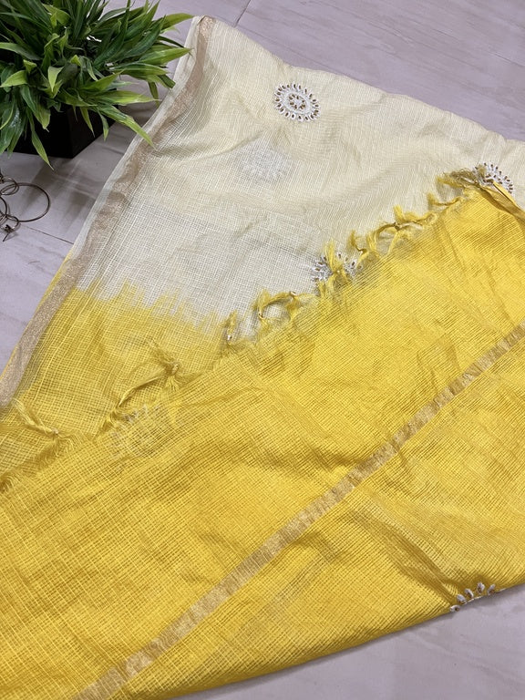 Lucknowi Chikankari Cream and Yellow Kota Silk Flower Motif Dupatta