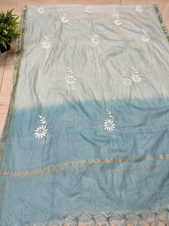 Lucknowi Chikankari Ombre Blue Kota Dupatta