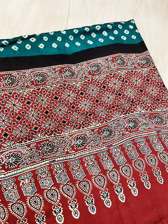 Bandhani Ajrakh Green and Red Modal Silk Dupatta