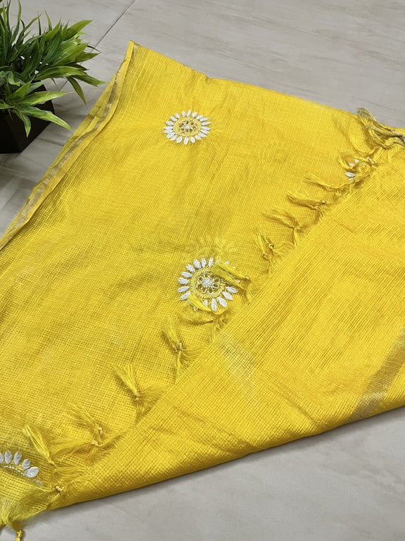 Lucknowi Chikankari Yellow Kota Silk Dupatta