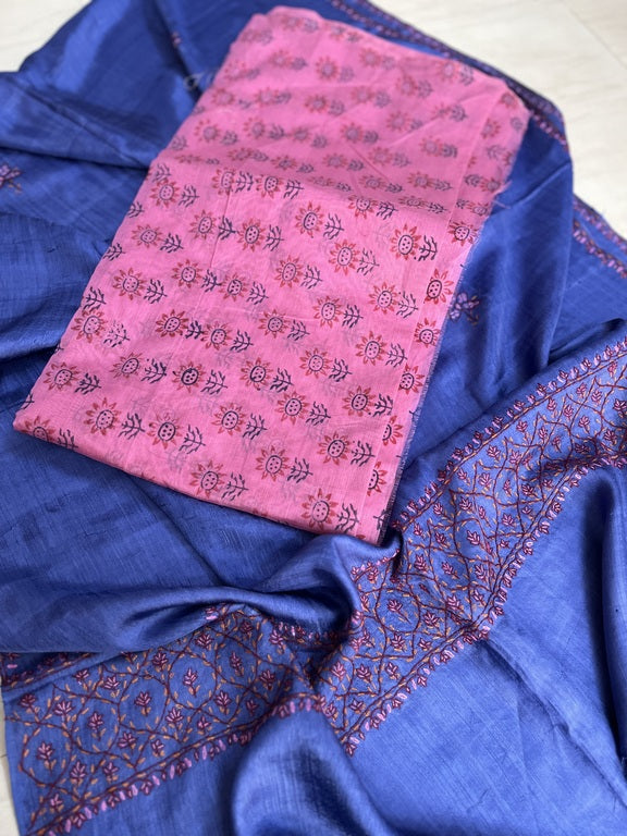 Kashmir Sozni Embroidery Blue Silk Dupatta