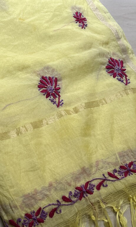 Lucknowi Chikankari Yellow Chanderi Silk Dupatta