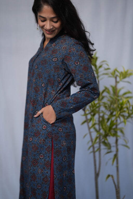 Aisha Ajrakh Cotton Blue Straight Kurta