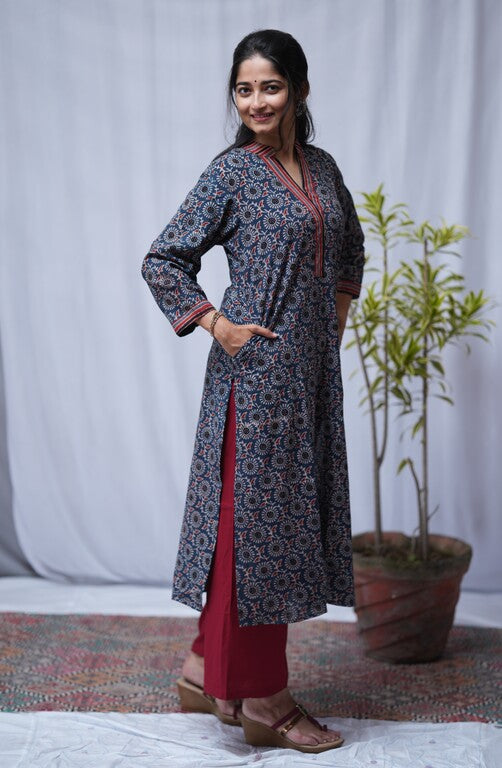 Dipa Ajrakh Cotton Blue Straight Kurta