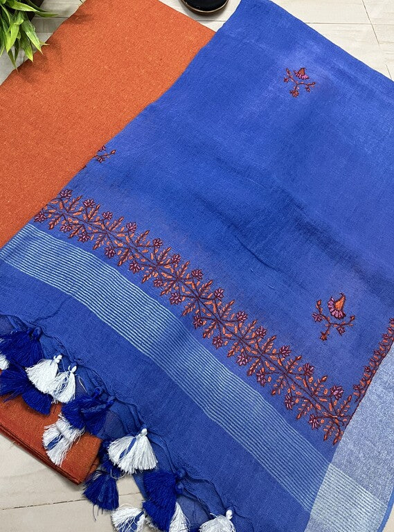 Kashmir Sozni Embroidery Blue Cotton Linen Dupatta