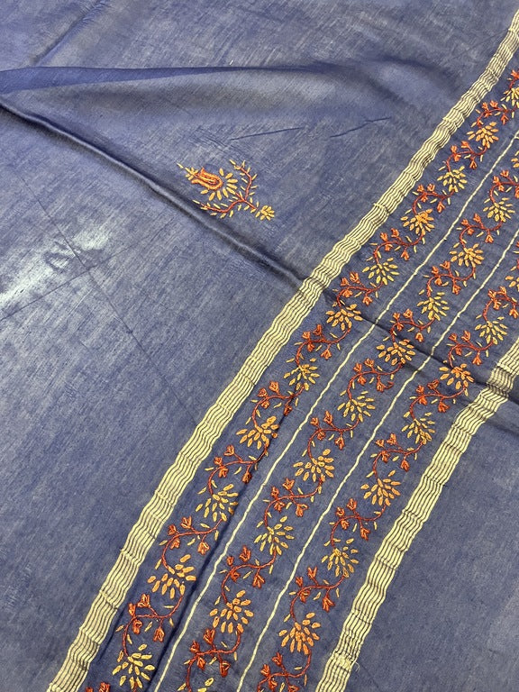 Kashmir Sozni Embroidery Blue Maheshwari Silk Dupatta