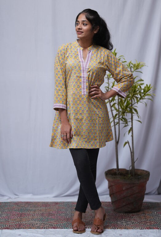 Bhumi Sanganeri Cotton Yellow A-line Top