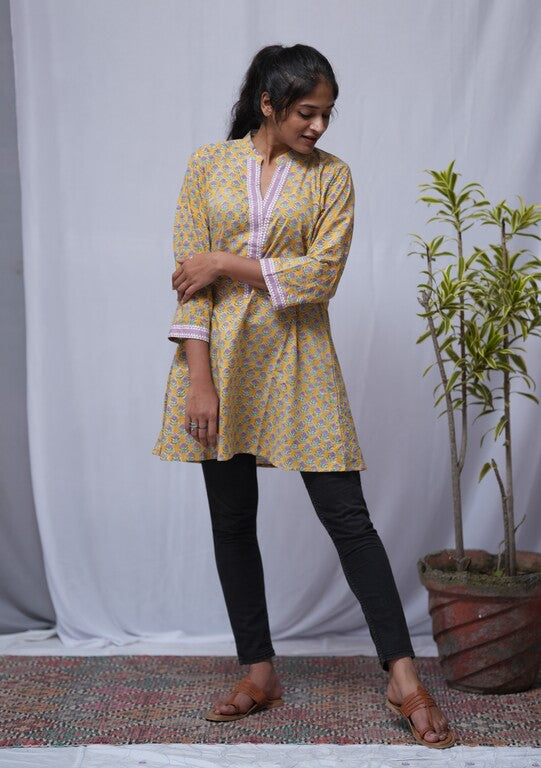 Bhumi Sanganeri Cotton Yellow A-line Top