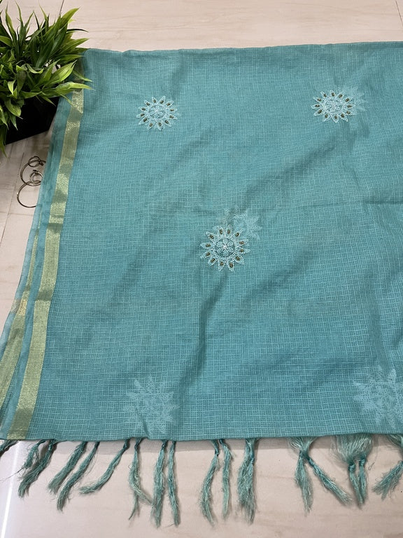 Lucknowi Chikankari Blue Kota Silk Dupatta